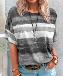 Fashion Casual Striped Gradient Print Crew Neck Women's T-Shirt