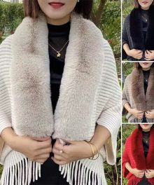 Women's Fur Collar Fringe Knit Shawl